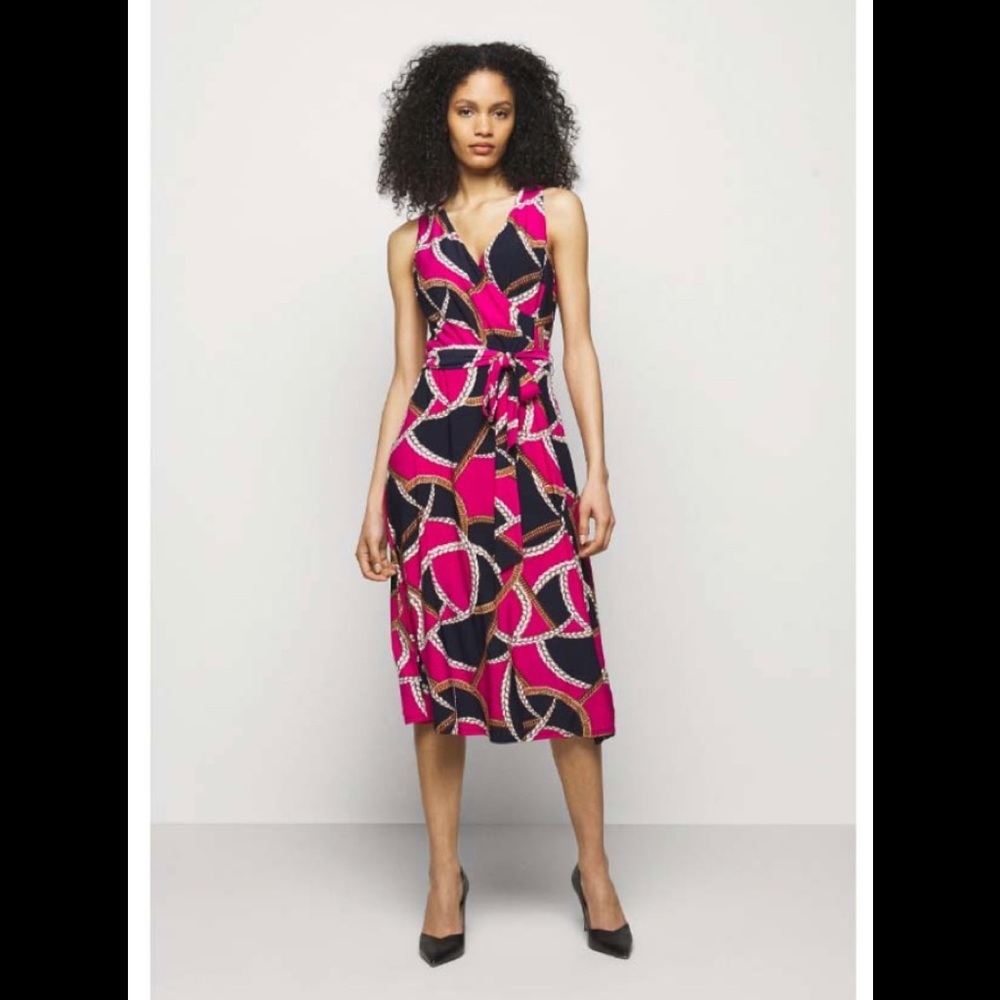 Lauren Ralph Lauren Petite Print Dress NWT Size 6P Navy Blue / Pink Tie Waist